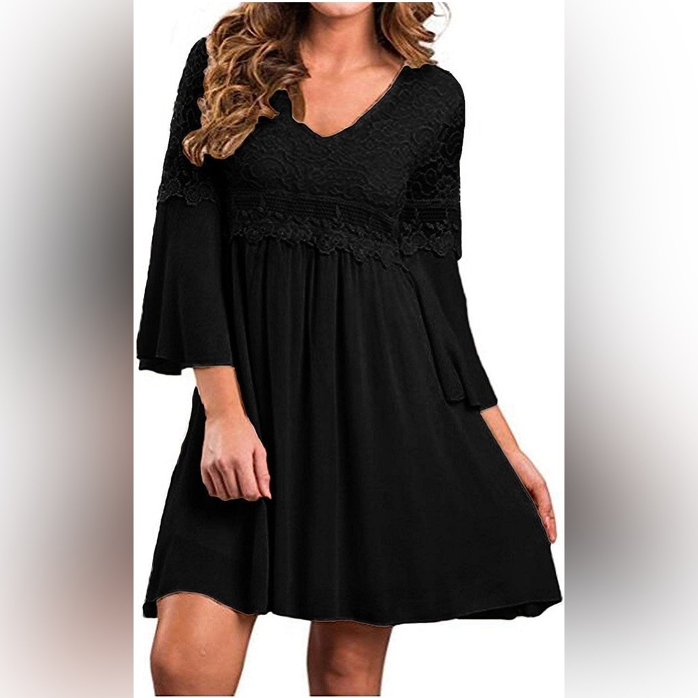 Vintage Floral Lace V Neck 3/4 Bell Sleeve A-line Swing Casual Dress size M